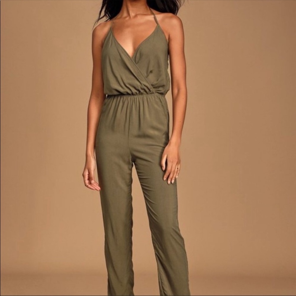 NWT Lulu’s Learning to Fly olive halter jumpsuit